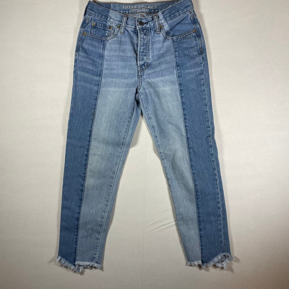 American Eagle Outfitters Vintage Hi Rise Colorblock Jeans Frayed Hem - Size 4 - Picture 2 of 11